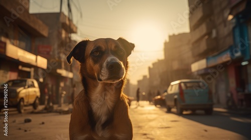 a portrait of street dog on the morning time, urban resilience, animal welfare photo