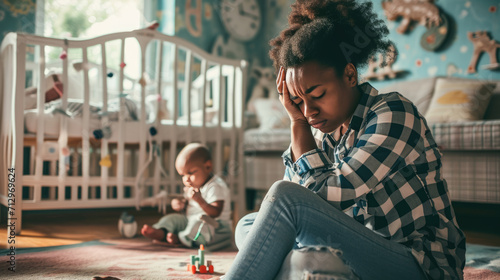 Distressed young woman sitting on the floor with her head in her hands, with a crib and children's toys in the background, suggesting a sense of overwhelming stress or exhaustion related to childcare. photo