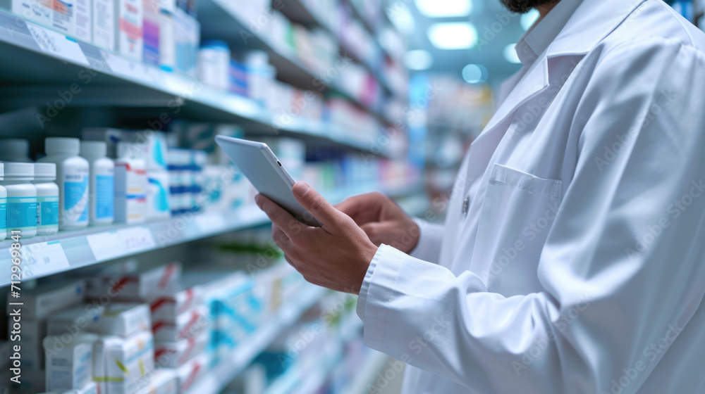 Pharmacist in a white lab coat is using a tablet in a pharmacy with shelves stocked with medications in the background. Pharmacist in a white lab coat is using a tablet in a pharmacy with shelves stocked with medications in the background.