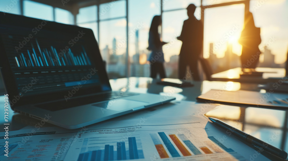 Business analytics dashboard on a laptop screen, with charts and graphs ...