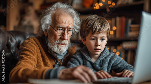 Grandfather and grandson sitting around table at home and playing video game