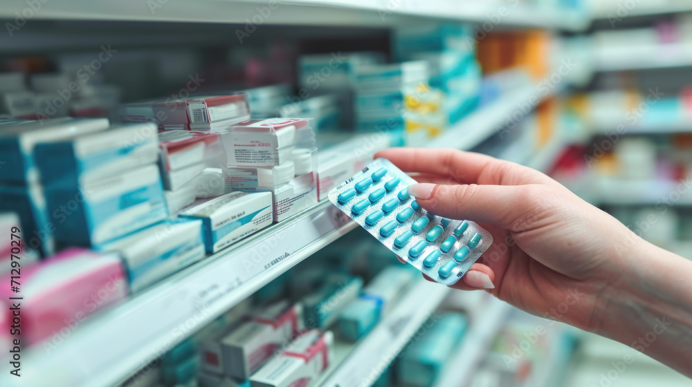 Hands of a pharmacist or healthcare professional holding a blister pack of capsules in front of a pharmacy shelf stocked with various medications - obrazy, fototapety, plakaty 