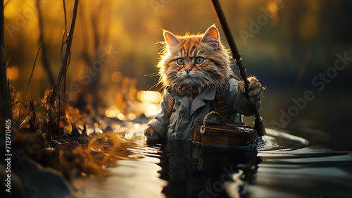 cartoon character a fisherman cat with a fishing rod catches fish in a lake river in water in summer morning photo