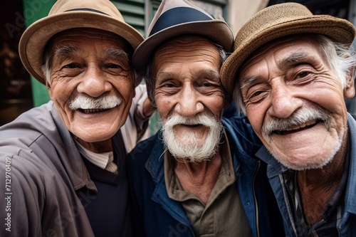 Elderly men friends taking selfie photo. Smiling male seniors collective photography. Generate ai