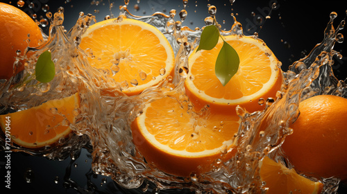 Whole and halved oranges in an invigorating splash of water  isolated on a black background  emphasizing their fresh and zesty nature. 