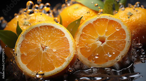 Sliced oranges with a dynamic water splash  capturing the essence of freshness against a stark black background. 