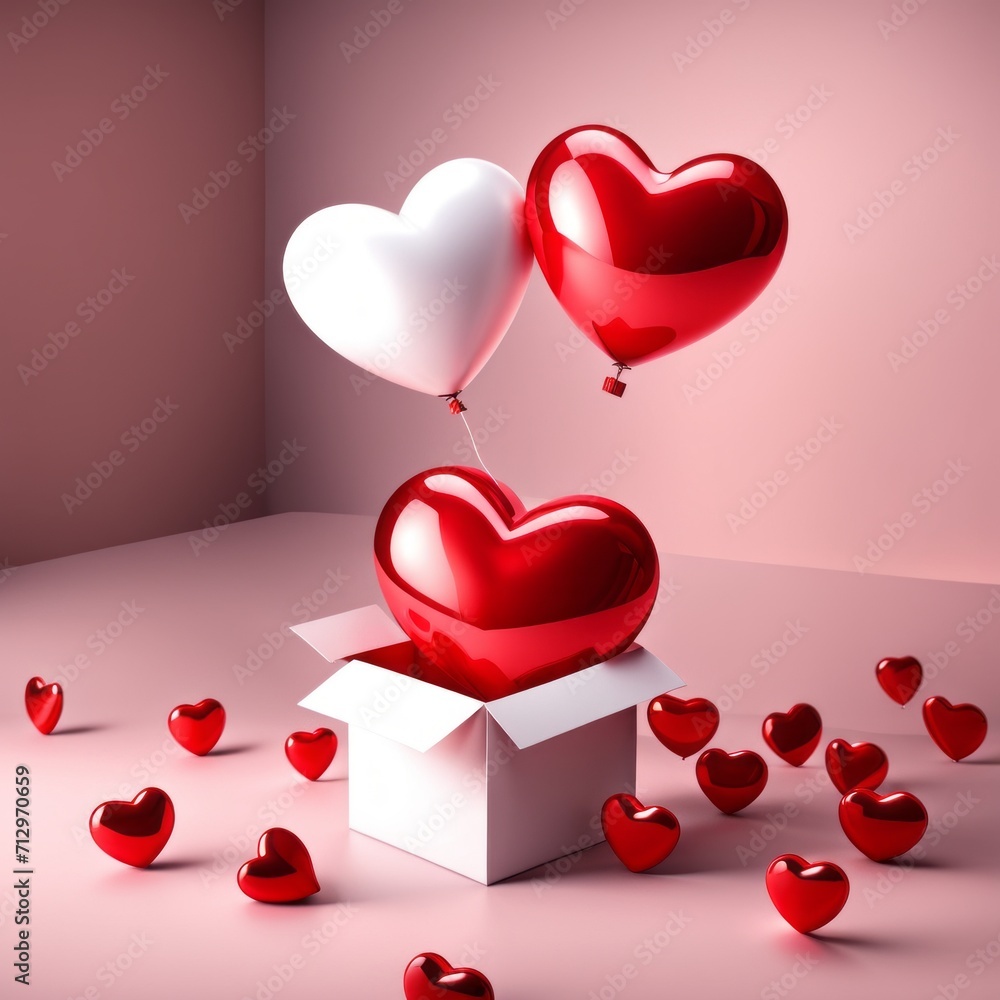 Happy valentines day decoration with opened gift box and heart shape balloon on pink background