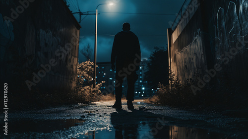 Mann steht in einer dunklen Gasse neben einer Straßenlaterne alles wirkt düster