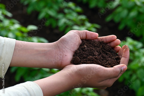 Soil in hand, palm, cultivated dirt, earth, ground, brown land background. Organic gardening, agriculture. Nature closeup. Environmental texture, pattern. Mud on field