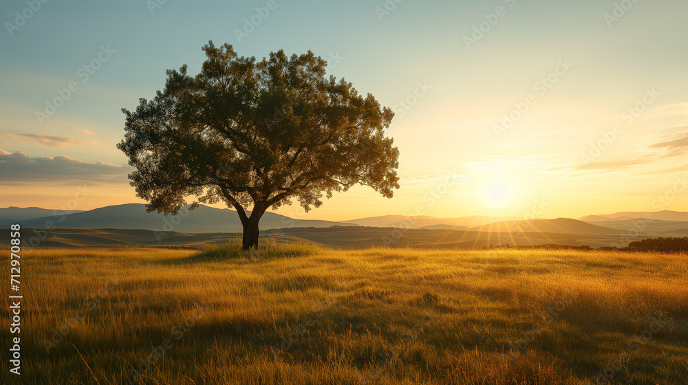 Ein einzelner großer Baum mitten auf einer Wiese oder Steppe bei Sonnenaufgang oder Sonnenuntergang