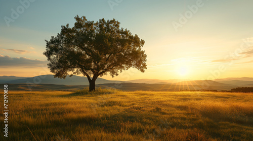 Ein einzelner großer Baum mitten auf einer Wiese oder Steppe bei Sonnenaufgang oder Sonnenuntergang