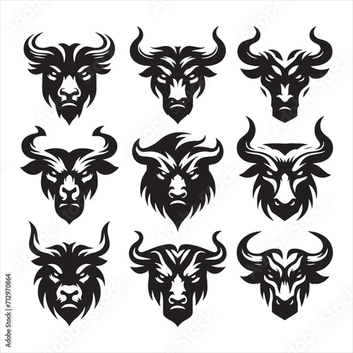 Horned Nobility: Ox Silhouette Emanating the Noble Aura and Horned Grandeur of Bull Face Silhouette - Ox Silhouette - Bull Vector 