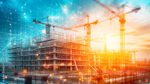 vibrant construction site with scaffolding and cranes, overlaid with a futuristic digital mesh, symbolizing advanced engineering and technology