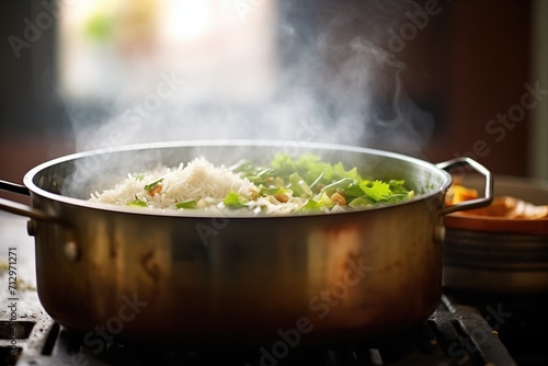 biryani cooking in an open pot with steam rising