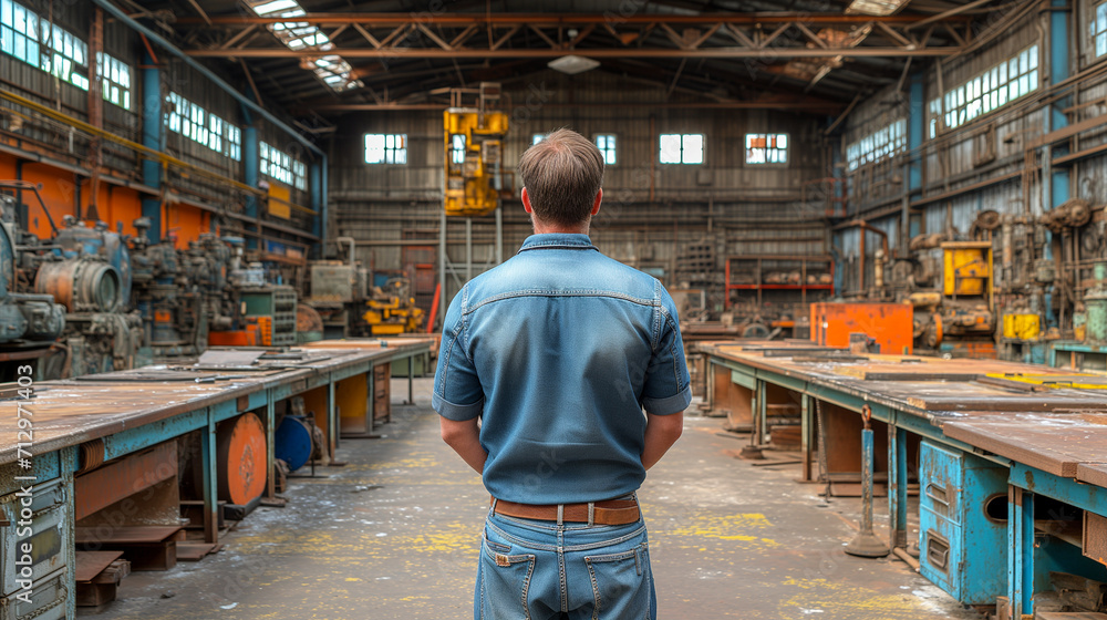 man stands with his back to the camera in a large industrial workshop filled with machinery and worktables man stands with his back to the camera in a large industrial workshop filled with machinery and worktables