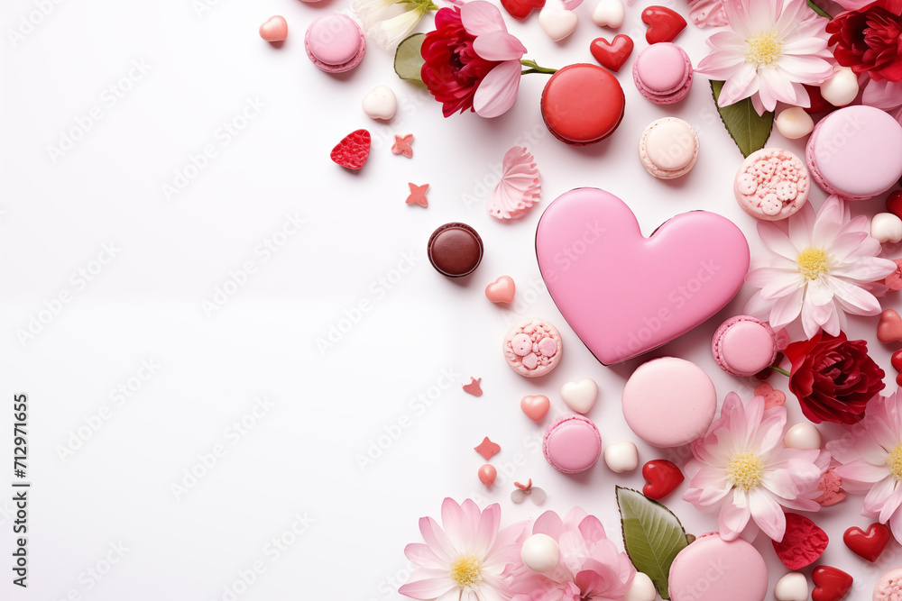Flowers and sweets heart on white background. Birthday. Valentine's Day. Greeting card.