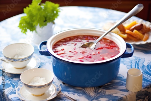 borscht in a tureen with a ladle, surrounded by white bowls on a blue tablecloth