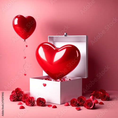 Happy valentines day decoration with opened gift box and heart shape balloon on pink background