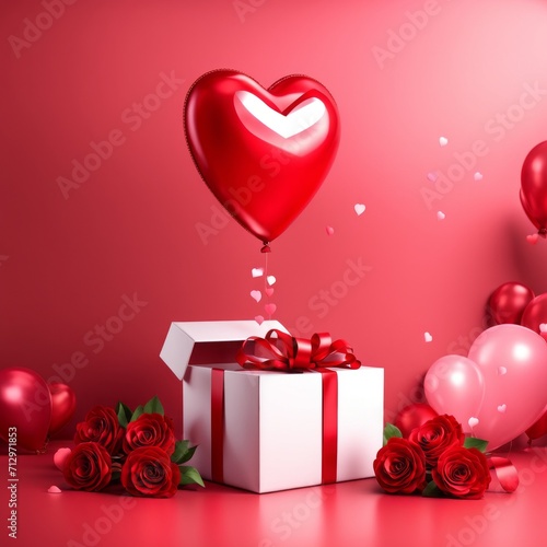 Happy valentines day decoration with opened gift box and heart shape balloon on pink background