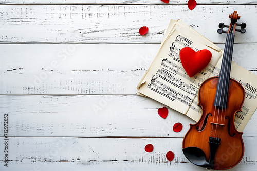 Love Melody, Violin and Sheet Music, Romantic Music Concept, music background with rose and guitar, Valentine's day concept, copyspace for text photo