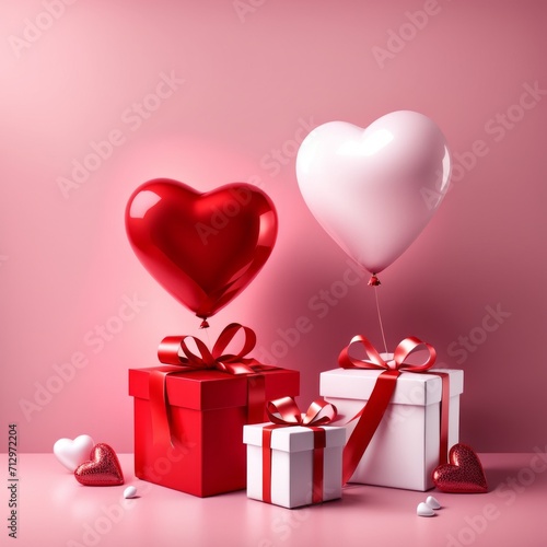 Happy valentines day decoration with Red and white color Heart shaped balloons and gift boxes on pink background