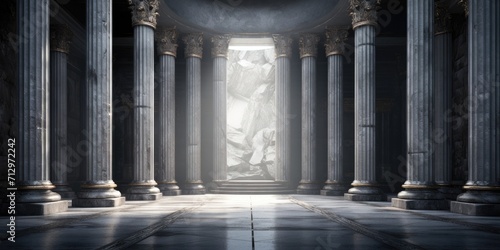 Fotografia Abandoned ancient sanctuary with black marble columns, white veins, and Greek/Roman design