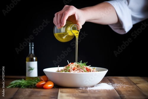 hand pouring olive oil onto a bowl of tomato spaghetti