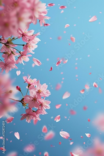 Background of falling cherry blossoms and petals, spring.