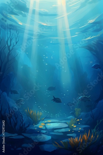 Rays of light underwater, illustration, playrix style, background © Tran