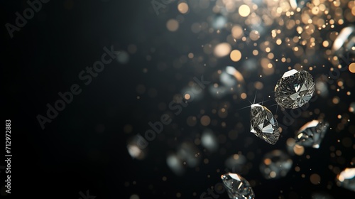 a macro close-up image of many precious stones diamonds or similar zirconia fianit making a border frame on the right side on black background