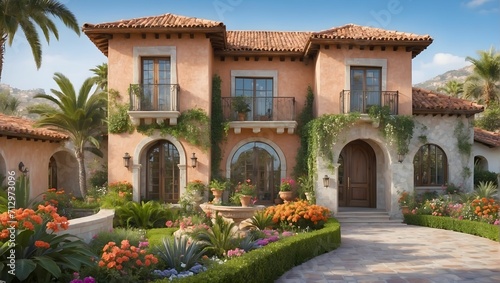 A creative and detailed home exterior, highlighting a Mediterranean-inspired villa with stucco walls, terracotta roof tiles, a lush garden filled with colorful flowers and citrus trees. generative AI © Zohaib