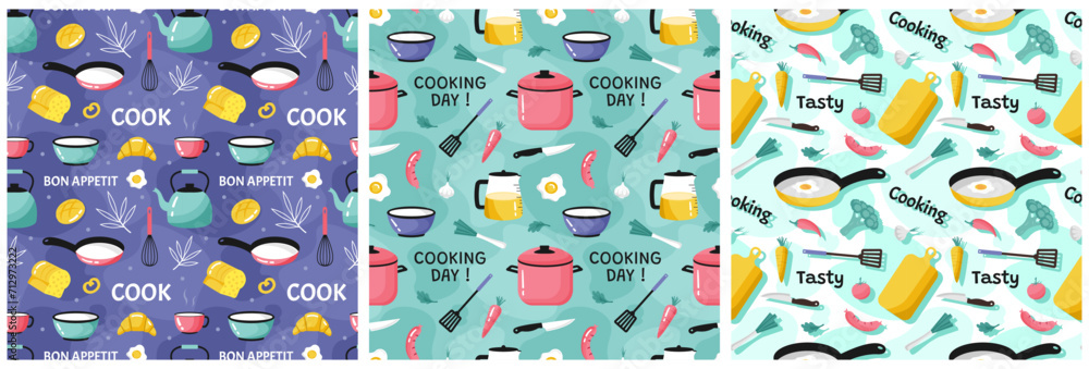 Set of Cooking Equipment Seamless Pattern Design Illustration in Flat Cartoon Template Hand Drawn Set of Cooking Equipment Seamless Pattern Design Illustration in Flat Cartoon Template Hand Drawn