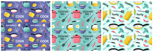 Set of Cooking Equipment Seamless Pattern Design Illustration in Flat Cartoon Template Hand Drawn