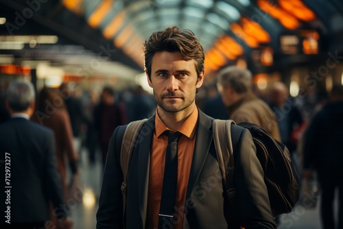 Businessman in a stylish suit navigating a bustling airport on a busy business trip, Generative AI