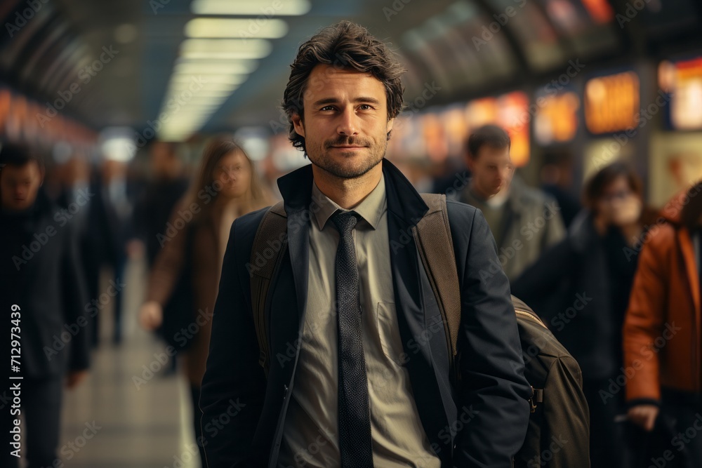 Fototapeta premium Businessman in a stylish suit navigating a bustling airport on a busy business trip, Generative AI