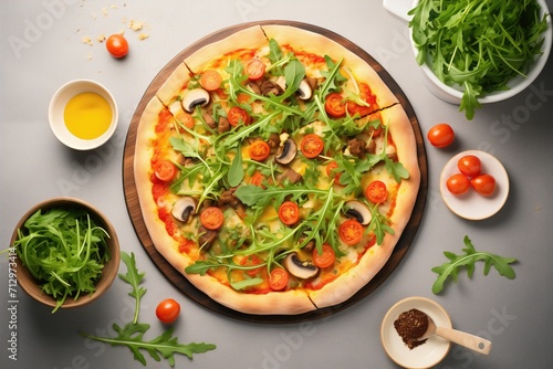 overhead shot of a vegetarian pizza with arugula