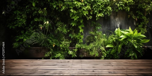 Gorgeous outdoor backdrop with lush greenery and a wooden table.