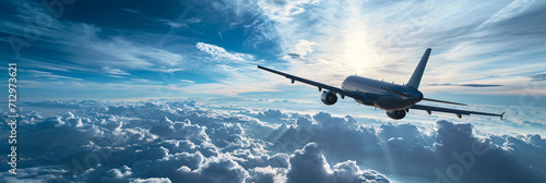 Picture in banner format with blue sky, clouds and a passenger airplane.