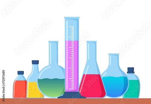 Transparent glassware with chemical reagents. Laboratory test tubes. Medical scientific research. Experiment equipment. Lab measuring beaker. Bottle, flask. Vector illustration.