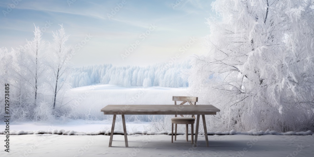 Winter scene with snowy landscape and table in the background. Winter scene with snowy landscape and table in the background.