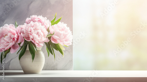 Beautiful pink peonies in vase on table