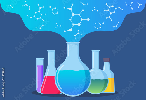 Transparent glassware with chemical reagents. Laboratory test tubes. Medical scientific research. Experiment equipment. Organic chemical compounds formulas. Vector illustration.