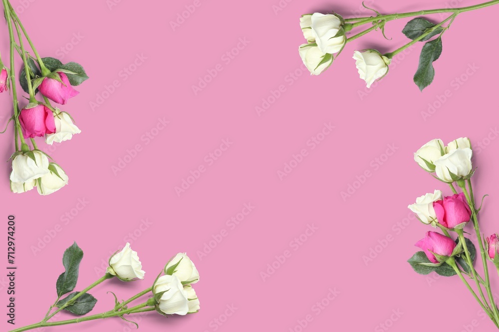romantic valentine concept Top view photo roses on pink background