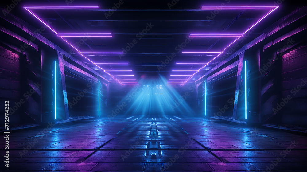 Naklejka premium laser show club dark neon sci fi futuristic retro purple blue glowing garage stage tunnel room 3D