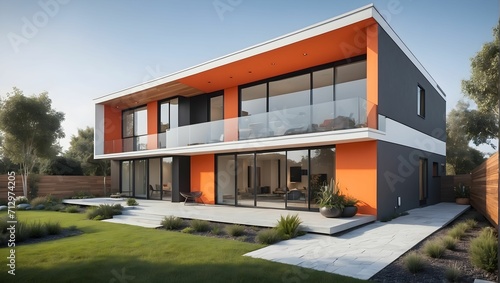 A unique and diverse home exterior with a modern twist, featuring a sleek and minimalist design with large windows and a bold color palette. generative AI © Zohaib