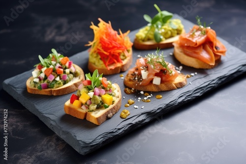 trio of bruschettas with different toppings on a slate