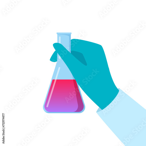 Chemical flask in hand. Gloved hand holding a flask. Liquid in vial. Concept of vaccine, chemical experiments, medical research, science achievement. Vector illustration.