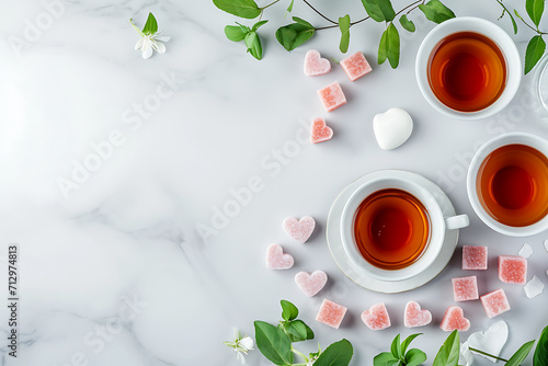 Tea Lovers' Retreat, Cozy Teacups and Heart-Shaped Sweets, Serene Afternoon Tea, Valentine's day concept, copyspace for text