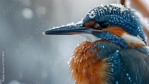 Closeup of a magnificent kingfisher its sharp beak and piercing eyes standing out against the wintery backdrop of the icy riverbank photo