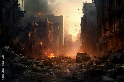 A post-apocalyptic world unfolds in this eerie image, showcasing a desolate landscape with remnants of civilization. 